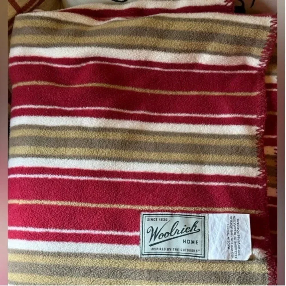 Woolrich Cotton Blend Warm Striped Maroon Tan and White Throw Blanket 54